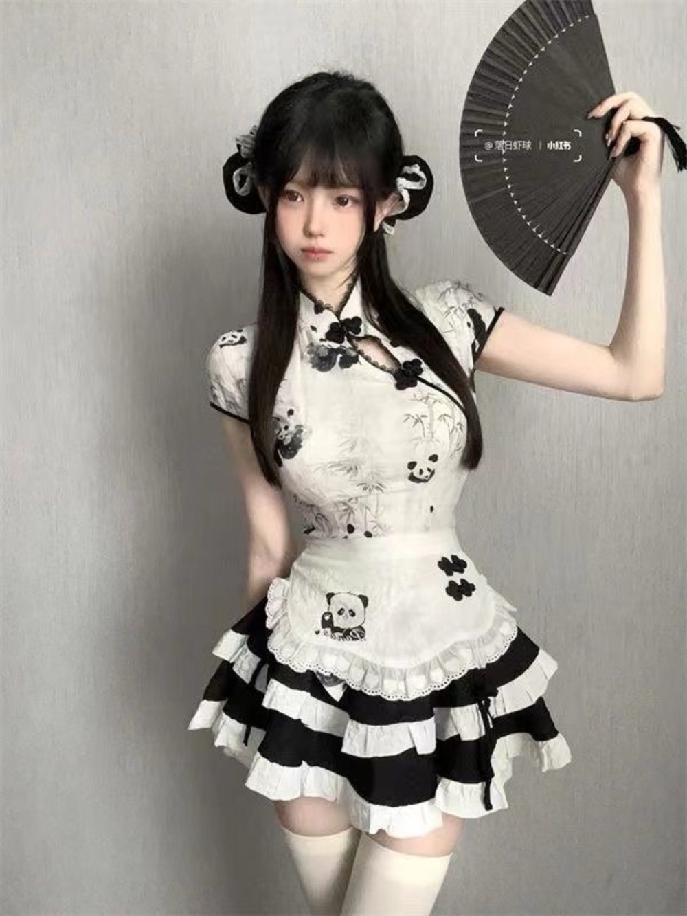 A set of White and Black Panda Print Short maid Dress 3pieces
